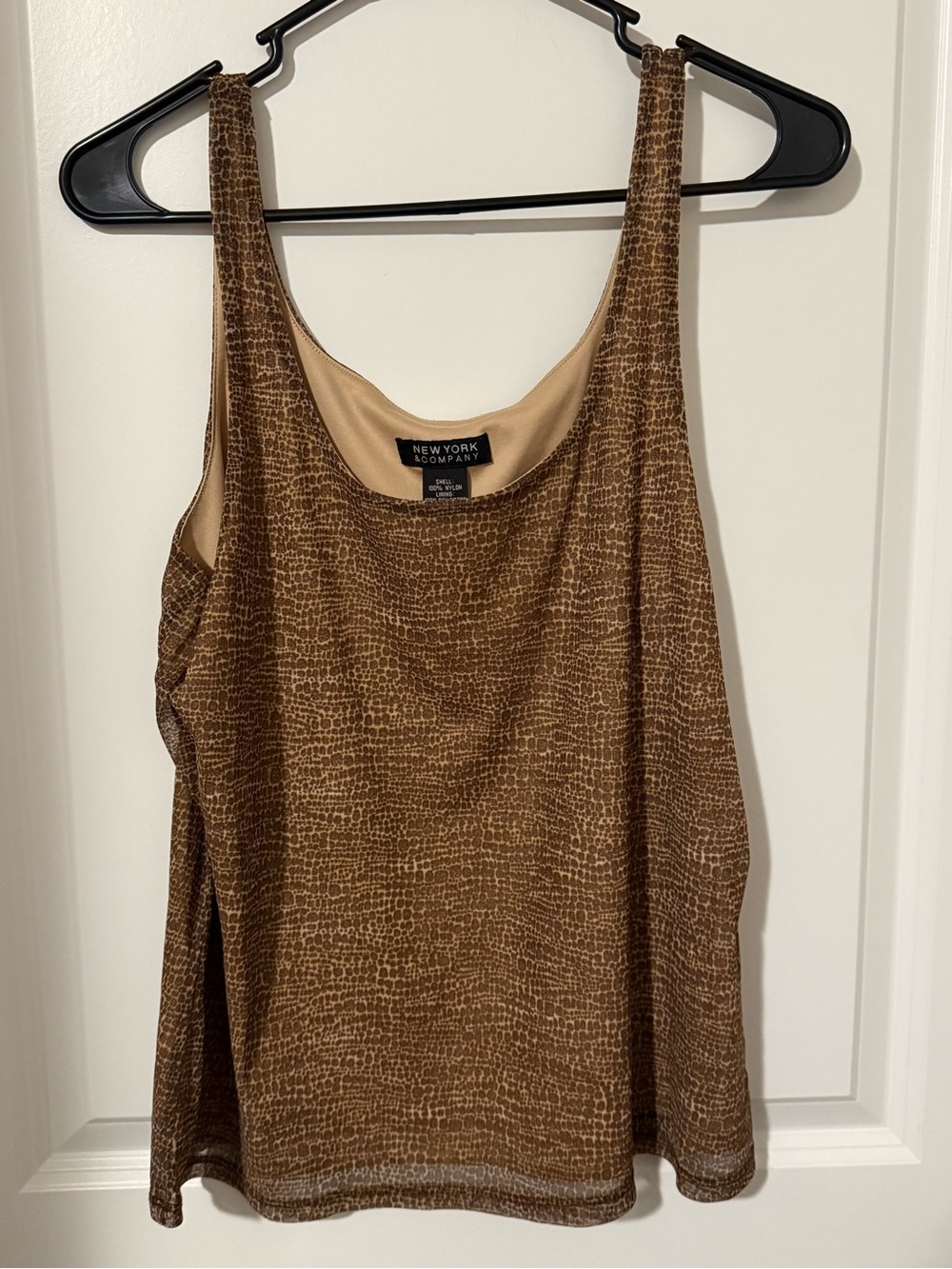 New York & Company Brown Animal Print Mesh Tank Top XL Sleeveless‎ Lined Blouse